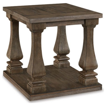 Farmhouse End Table, Carved Legs With Lower Shelf & Plank Top, Weathered Brown