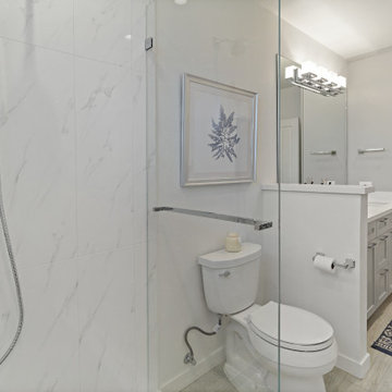 Timeless Bathroom Remodel in Anaheim with Marble-Inspired Porcelain Tile