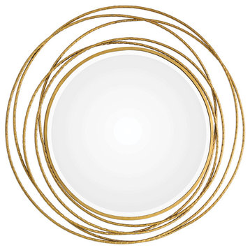Gold Swirl Rings Modern Wall Mirror, 39" Round Abstract Open Midcentury Metal
