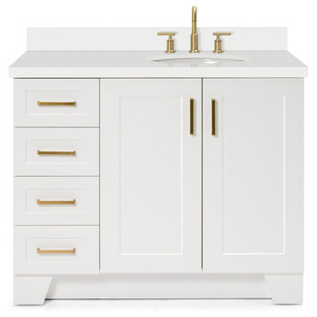 Ariel Taylor 43" Right Oval Sink Bath Vanity, White, 1.5" White Quartz