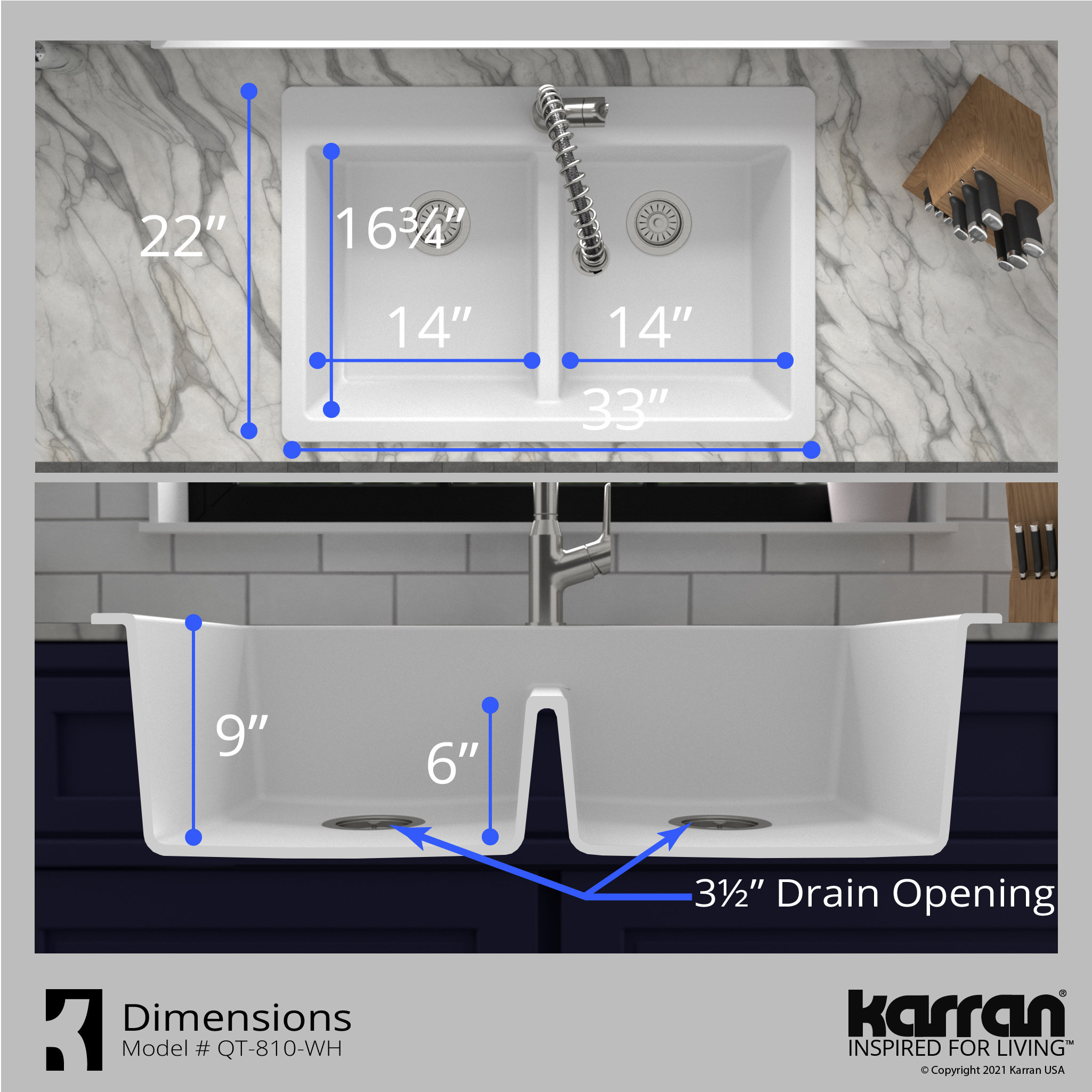 Karran 33" Top Mount Double Equal Bowl Quartz Kitchen Sink, White