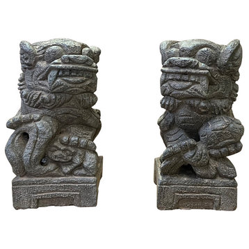 Pair Chinese Brown Rough Marks Fengshui Foo Dog Lion Figures Hws2622