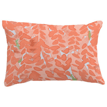 Flower Bell Floral Print Throw Pillow With Linen Texture, Peach, 14"x20"