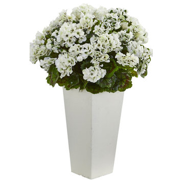 27" Geranium Artificial Plant, White Planter UV Resistant, White