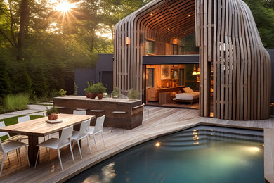 Diseño de piscina contemporánea de tamaño medio a medida en patio delantero con paisajismo de piscina y entablado