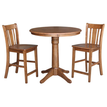 36" Round Pedestal Gathering Height Table With 2 Counter Height Stools, Distressed Oak