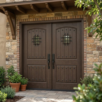 Rustic Double Wood Front Door with Speakeasy Windows and Iron Details for Crafts