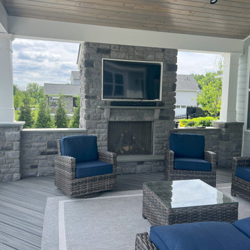 Deck, roof and fireplace
