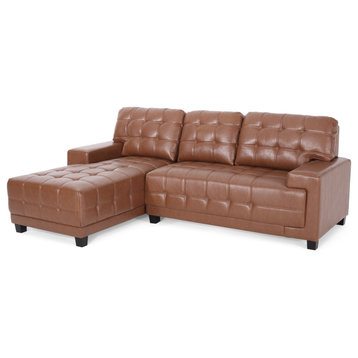 Contemporary Sectional Sofa, PU Leather Sofa With Square Stitching, Cognac Brown