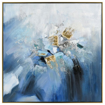 Framed Blue and Gold Abstract Acrylic Painting on Canvas for Modern