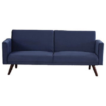 Modern Futon, Retro Design With Velvet Upholstery and Split Backrest, Dark Blue