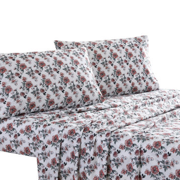 Benzara BM242753 Veria 4 Piece King Bedsheet Set With Rose Print, White/Pink