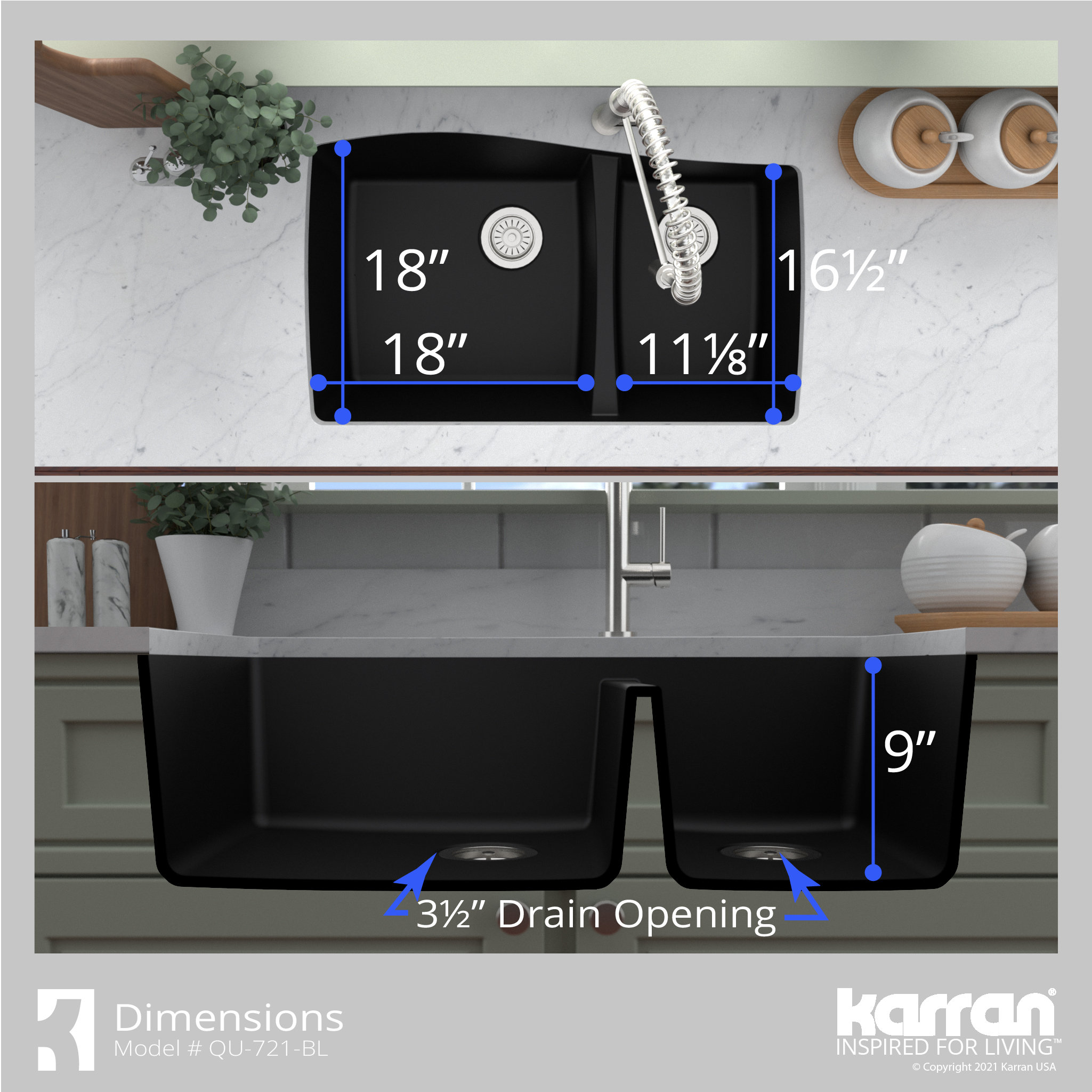 Karran Undermount Quartz 33" 60/40 Double Bowl Kitchen Sink, Black