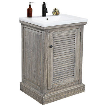 24" Rustic Solid Fir Vanity With Ceramic Single Sink, Gray, No Faucet