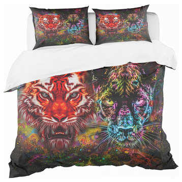 Tiger and Panther With Splashes Modern Kids Duvet Cover, Twin