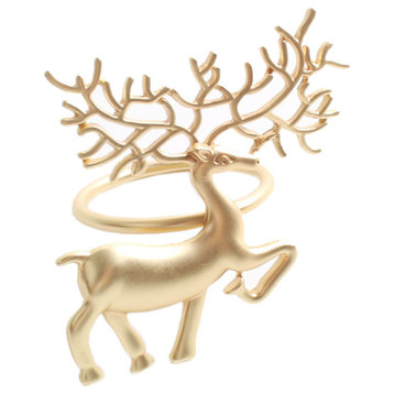 Decorative Christmas Metal Napkin Rings - Set of 4, Matte Gold Reindeer