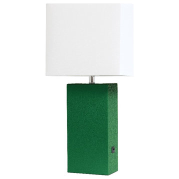 Lalia Home 21in Leather Base Table Lamp with USB Charging Port Green