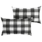 Mozaic Company - Black Buffalo Plaid Outdoor Pillow Set, 14x24 - Use this set of two oversized outdoor lumbar pillows as a way to enhance the decorative quality of any seating area. With a classic buffalo plaid pattern, these pillows add an eye-catching and elegant touch wherever they are used. The exteriors are UV and fade resistant to maintain the attractive look and feel through long-term outdoor use. The 100 percent recycled fiber fill ensures a soft and supportive experience to maximize comfort.