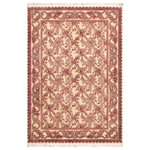 Bareens Designer Rugs - Basan Pak Persian Dung Ivory/Red Wool Rug - 6'0'' x 9'3'' - Designed with mesmerizing intricacy and gorgeous color palette, this hand-knotted masterpiece demonstrates the beauty and electrifying thrill of Pak Persian art. These meticulously hand-knotted Pak-Persian rug is made with pure wool and features breathtaking traditional, transitional, and tribal designs in bold luxurious color pallets. Known for their intricate designs these rugs are a reproduction of Persian rugs, made in Pakistan with unique Mughal designs. Made by master weavers using the same Persian texture, design and dying technique, we wanted to produce the most significant manifestation of Persian art, life, and culture. This rug is most famous for its exceptional quality, incredible designs, patterns, and vibrant rich color. Pak-Persian rugs made with Persian weave with high knot counts, which enables the high intricacy and detail found in the patterns are also referred to as "State of art", each color adds a rich beautiful detail in the artwork of this rug. The design, color, and beautiful chromatic composition with a vibrant sheen with intricate designs, exude beauty, elegance, and quality make this rug a masterpiece of its own.