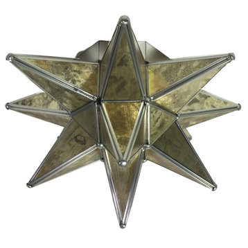 Moravian Star Ceiling Light, Flush Mount, Antique Glass, Silver Trim