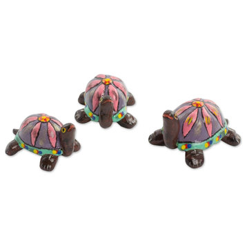 Novica Pink Tropical Turtles Ceramic Figurines, Set of 3