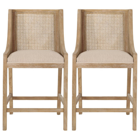 Deville Fabric Upholstered Wood and Cane 25.5 inch Counter Stools, Set of 2, Beige