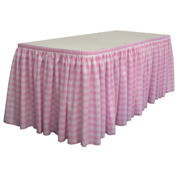 LA Linen Gingham Checkered Table Skirt, White and Pink, 252"x29"