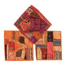 Mogul 3 Piece Cushion Covers Vintage Orange Patchwork Decorative Pillow Cover