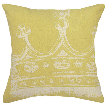 Crown Printed Linen Pillow With Feather-Down Insert, Mustard