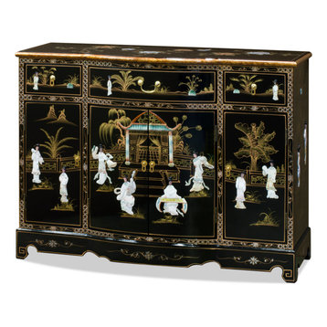 Black Lacquer Scenery Motif Hall Cabinet, Mother of Pearl