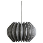 Ciara O'Neill - Spine Pendant Light, Grey - The grey Spine Pendant Light emulates the geometric patterns found in sea urchin shells. Tight radial curves impose their structure on pleated segments which dictate the shape of the silhouette. This material of this pendant lamp gently diffuses light while also radiating light more intensely where the surface material splits apart. Using bespoke components and artisan production techniques, this pendant light is skillfully handcrafted and produced in Ciara O'Neill's East London studio.  Please note the long lead time is due to the fact that this product is handcrafted and made to order. This allows us to ensure that you receive a high-quality, personalised product.