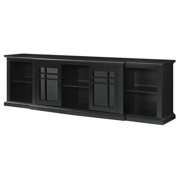 Classic Large TV Stand, Crown Molded Top With Glass Doors and Open Shelves, Black
