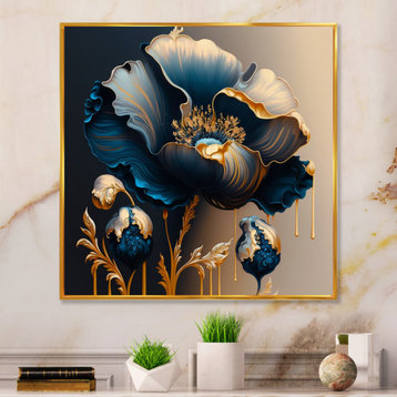 Deep Blue And Gold Single Flower V Framed Canvas, 36x36, Gold
