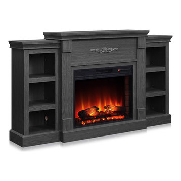 Freestanding Electric Fireplace Bookshelves, Gray
