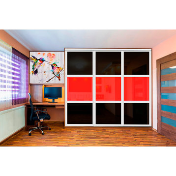 3 Panels Closet / Wardrobe Door with Black & Red Painted Glass Insert, 106"x84" Inches