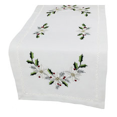 Country Poinsettia Embroidered Hemstitch Christmas Mini Table Runner, 12''x28''