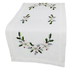 Xia Home Fashions - Country Poinsettia Embroidered Hemstitch Christmas Mini Table Runner, 12''x28'' - Table Runners