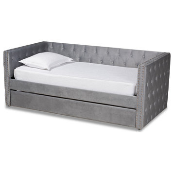Elara Classic Velvet Daybed With Trundle, Twin Size, Gray