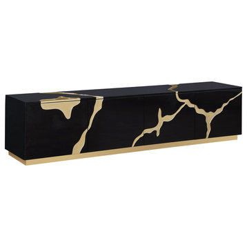 Taylor Contemporary High Gloss Lacquer TV Stand With Gold Accents, Black