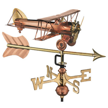 Biplane With Arrow Cottage Weathervane, Pure Copper With Roof Mount