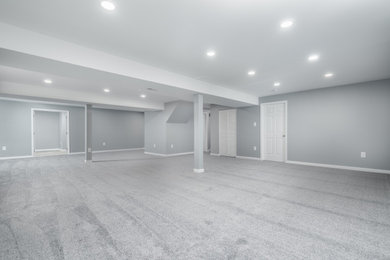 Large minimalist underground carpeted and gray floor basement photo in DC Metro with gray walls