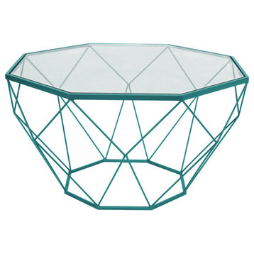 LeisureMod MD31BU Malibu Large Octagon Glass Blue Coffee Table Geometric Base