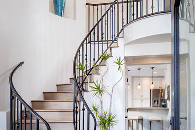 Staircase - large transitional wooden curved metal railing staircase idea in San Diego with wooden risers