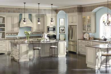 Mid-sized elegant l-shaped dark wood floor and brown floor enclosed kitchen photo in Other with an undermount sink, beaded inset cabinets, white cabinets, granite countertops, beige backsplash, porcelain backsplash, stainless steel appliances and an island
