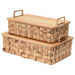Household Essentials - Household Essentials Stackable Hyacinth Baskets with Oak Lids, Natural Set of 2 - Make use of these durable storage baskets to corral unsightly odds and ends, small textiles, or simply display as a decorative accent; Made from water hyacinth, oak wood, and iron; Large box measures 16� L X 10.5� W X 5� H, Small box measures 14� L X 9� W X 3.5� H