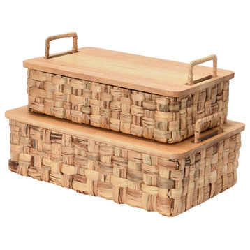 Household Essentials Stackable Hyacinth Baskets with Oak Lids, Natural Set of 2