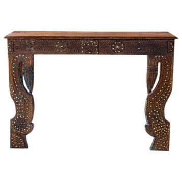 Consigned Antique Sofa table, Peacock Carved Legs Brass Studs Console Table