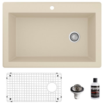 Karran Drop-In Quartz 33" 1-Hole Single Bowl Kitchen Sink Kit, Bisque