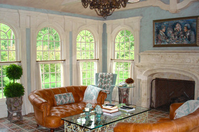 Living room - rustic formal living room idea in New York with a standard fireplace, a plaster fireplace and no tv