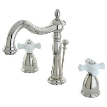 Classic Bathroom, Tall Curved Spout & Crossed White Handles, Polished Nickel